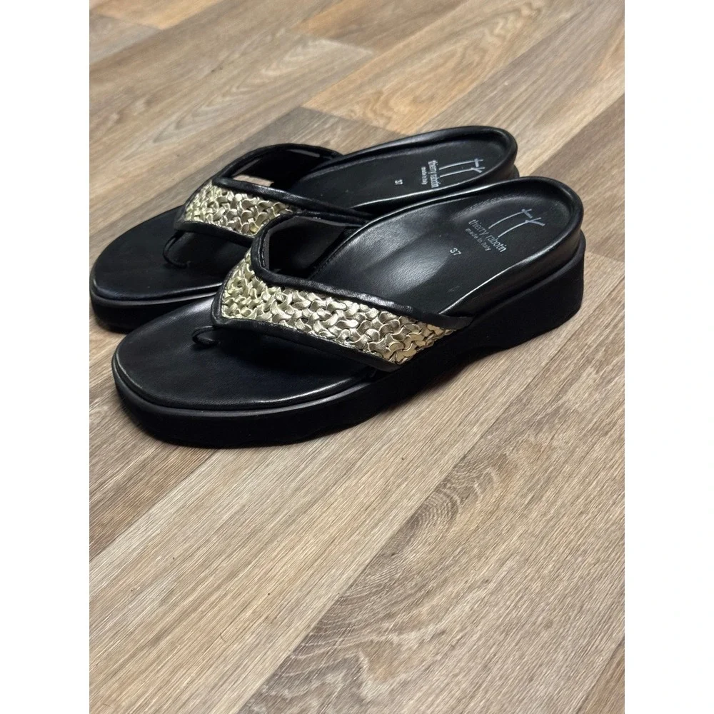Thierry Rabotin Womens Black Woven Gold Leather Wedge Thong Sandals Italy 37 - Picture 9 of 9